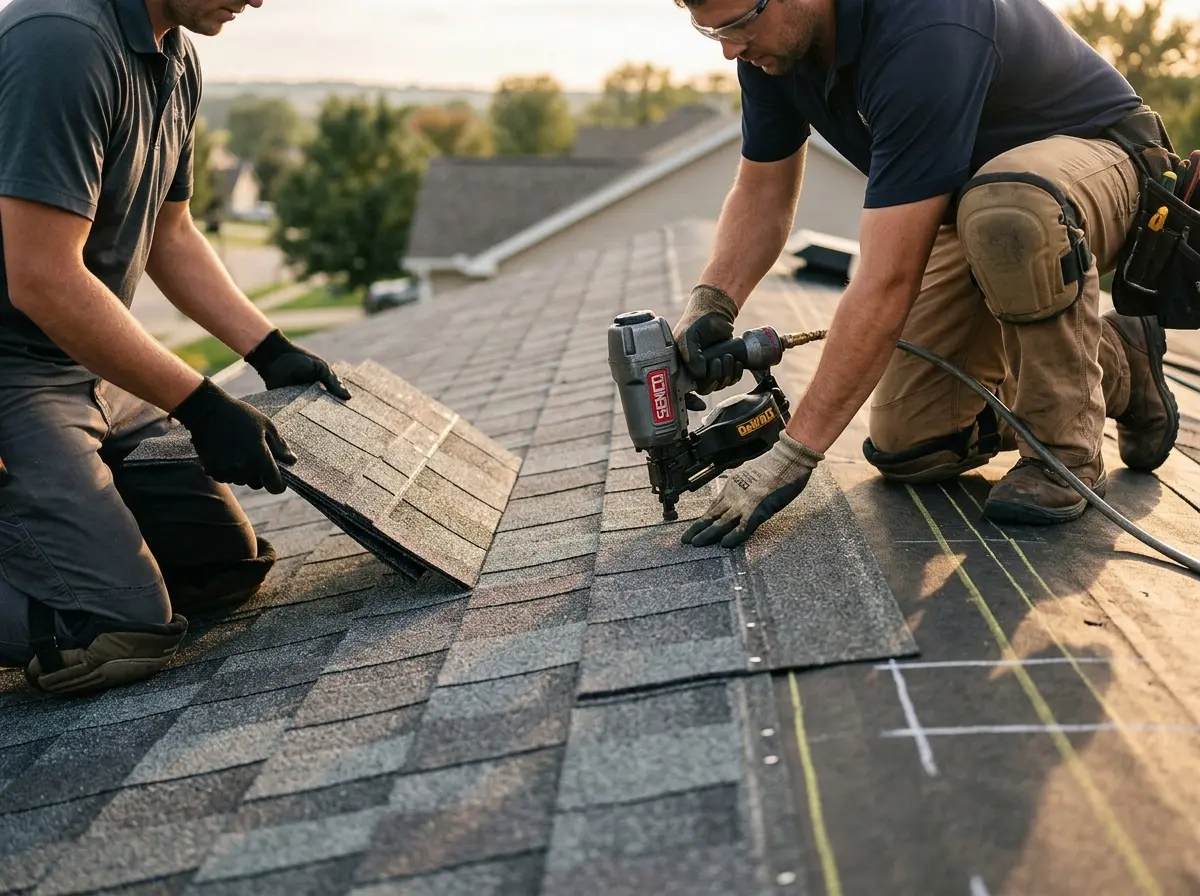 Professional roofer working on a residential roof in Madras